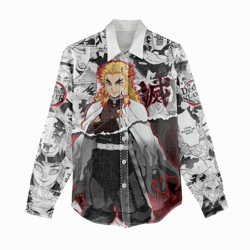 Kyojuro Rengoku Demon Slayer Flame Hashira Design Women Casual Shirt with Manga Panels and Fiery Sword Artwork - The Mazicc