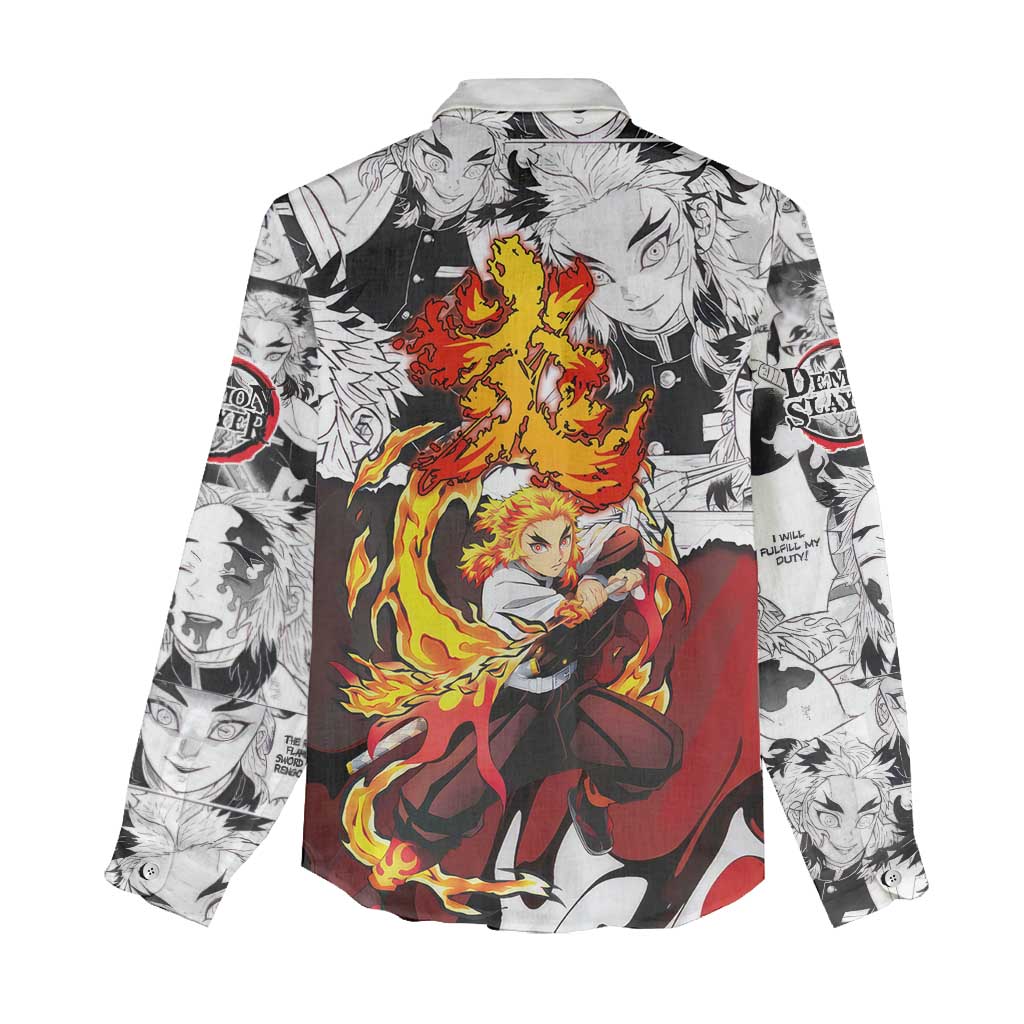 Kyojuro Rengoku Demon Slayer Flame Hashira Design Women Casual Shirt with Manga Panels and Fiery Sword Artwork - The Mazicc