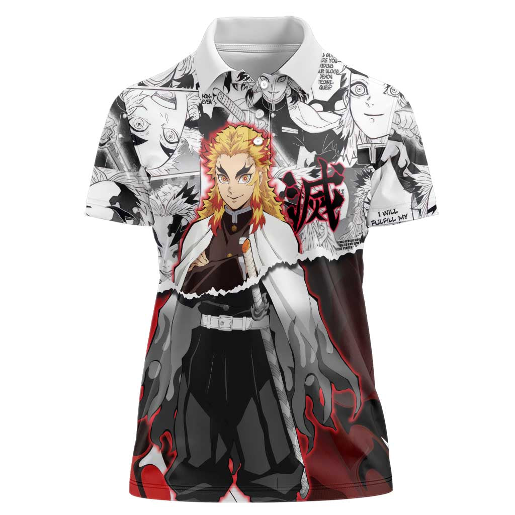 Kyojuro Rengoku Demon Slayer Flame Hashira Design Women Polo Shirt with Manga Panels and Fiery Sword Artwork - The Mazicc