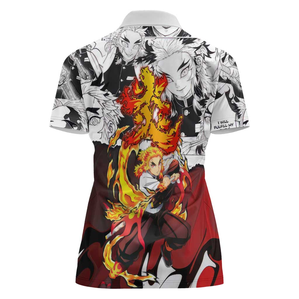 Kyojuro Rengoku Demon Slayer Flame Hashira Design Women Polo Shirt with Manga Panels and Fiery Sword Artwork - The Mazicc
