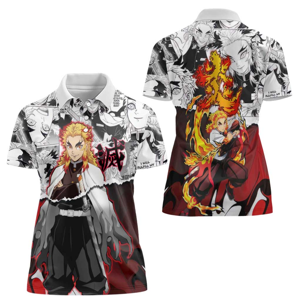Kyojuro Rengoku Demon Slayer Flame Hashira Design Women Polo Shirt with Manga Panels and Fiery Sword Artwork - The Mazicc