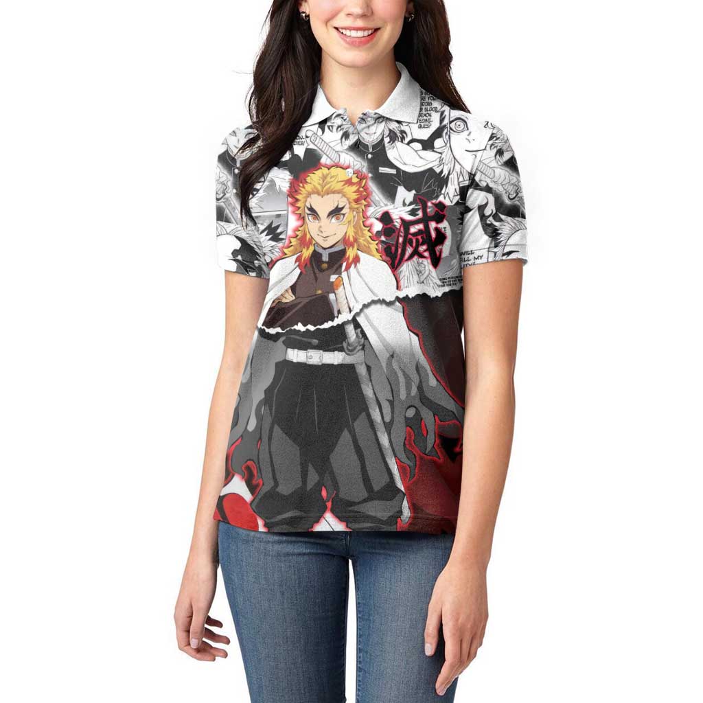 Kyojuro Rengoku Demon Slayer Flame Hashira Design Women Polo Shirt with Manga Panels and Fiery Sword Artwork - The Mazicc