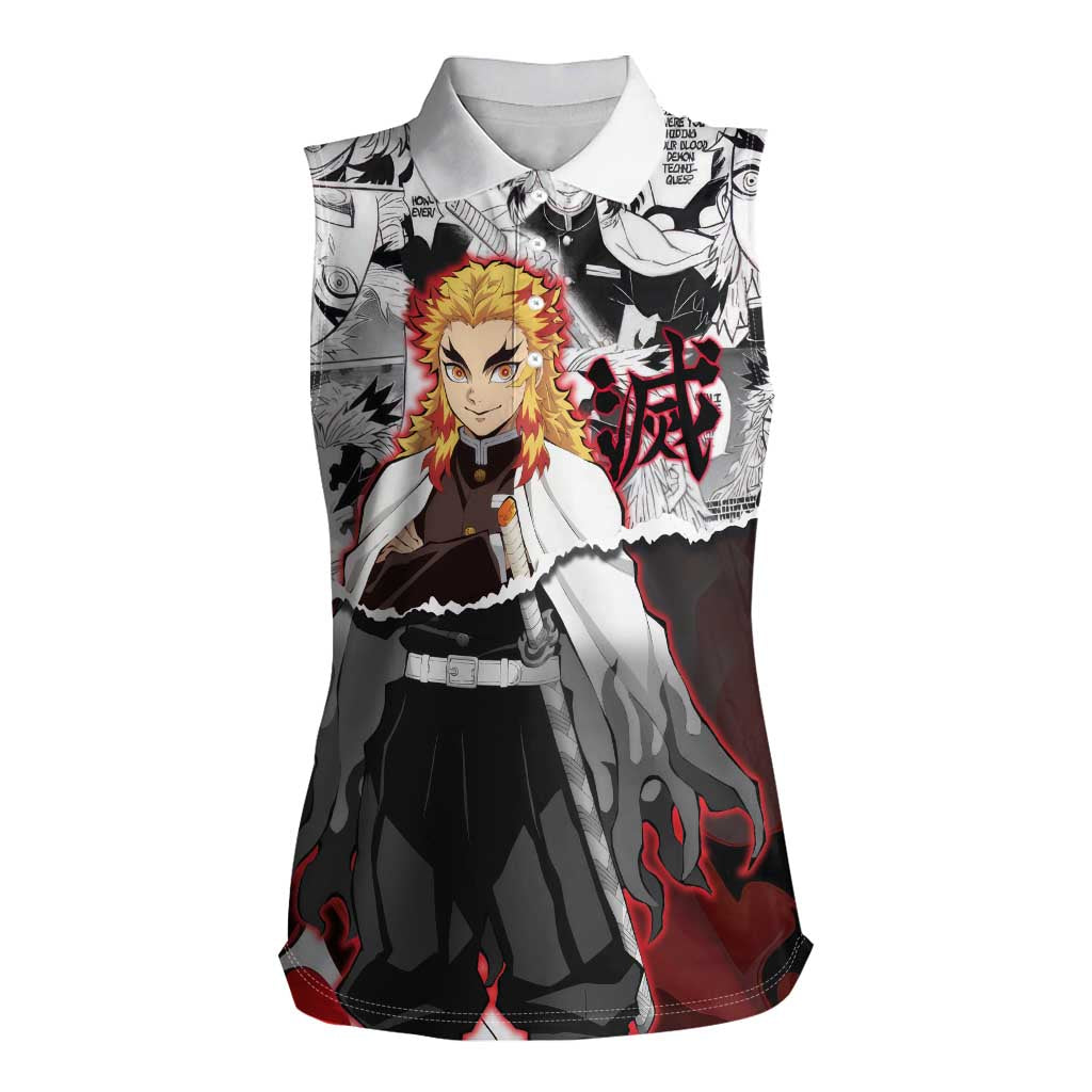 Kyojuro Rengoku Demon Slayer Flame Hashira Design Women Sleeveless Polo Shirt with Manga Panels and Fiery Sword Artwork - The Mazicc