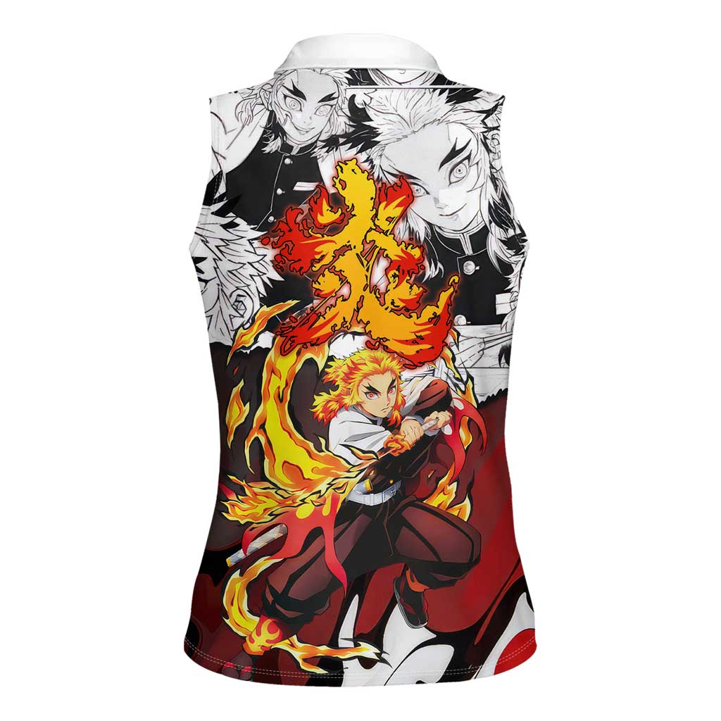 Kyojuro Rengoku Demon Slayer Flame Hashira Design Women Sleeveless Polo Shirt with Manga Panels and Fiery Sword Artwork - The Mazicc