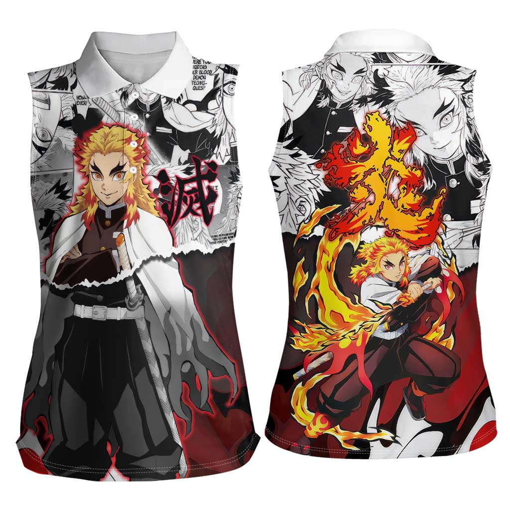 Kyojuro Rengoku Demon Slayer Flame Hashira Design Women Sleeveless Polo Shirt with Manga Panels and Fiery Sword Artwork - The Mazicc