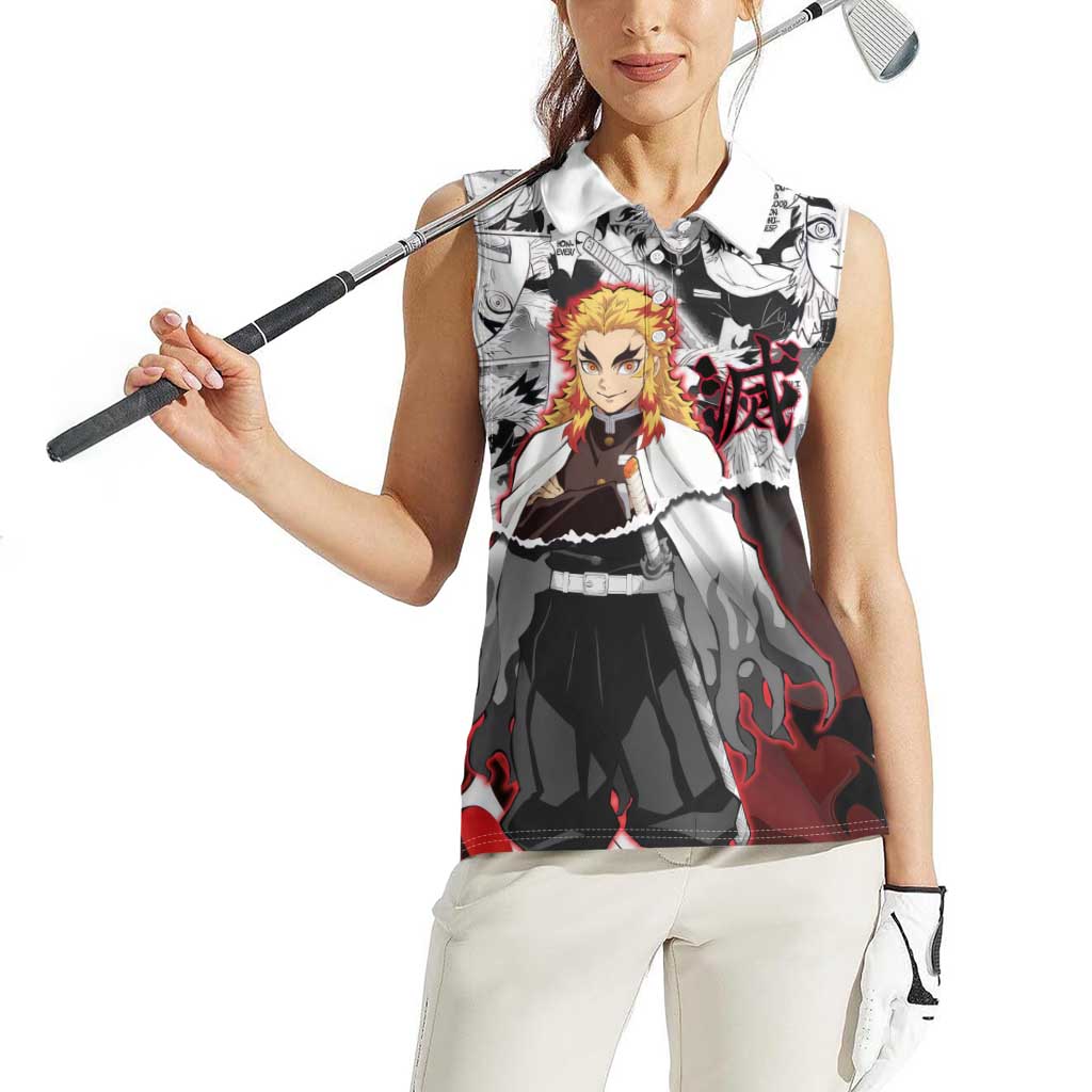 Kyojuro Rengoku Demon Slayer Flame Hashira Design Women Sleeveless Polo Shirt with Manga Panels and Fiery Sword Artwork - The Mazicc