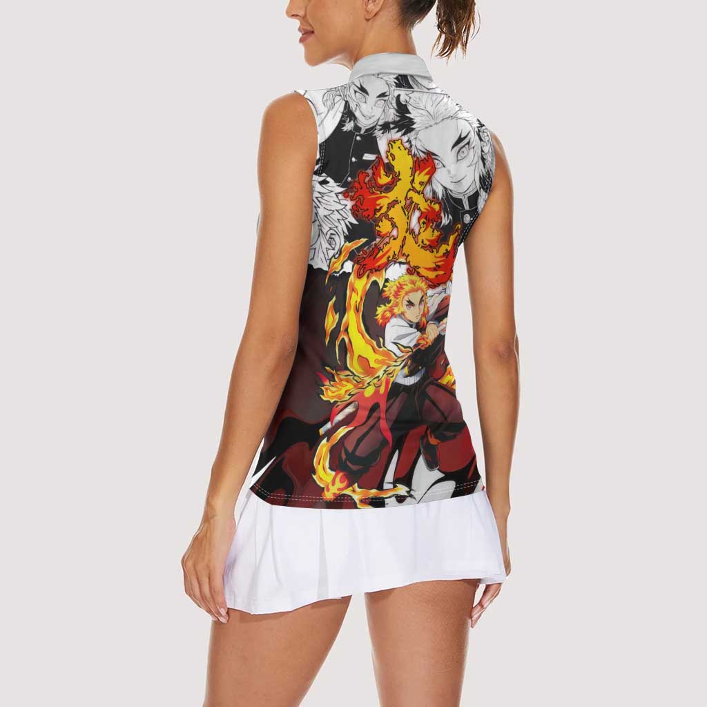 Kyojuro Rengoku Demon Slayer Flame Hashira Design Women Sleeveless Polo Shirt with Manga Panels and Fiery Sword Artwork - The Mazicc