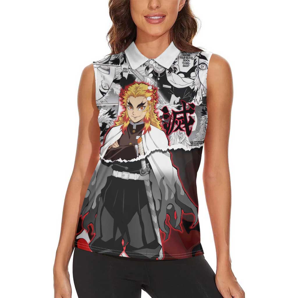 Kyojuro Rengoku Demon Slayer Flame Hashira Design Women Sleeveless Polo Shirt with Manga Panels and Fiery Sword Artwork - The Mazicc