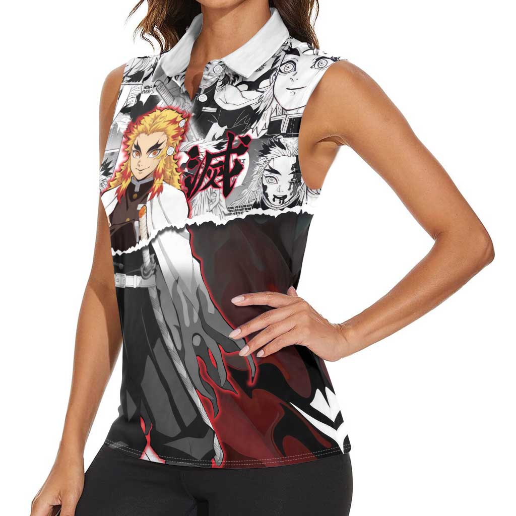 Kyojuro Rengoku Demon Slayer Flame Hashira Design Women Sleeveless Polo Shirt with Manga Panels and Fiery Sword Artwork - The Mazicc