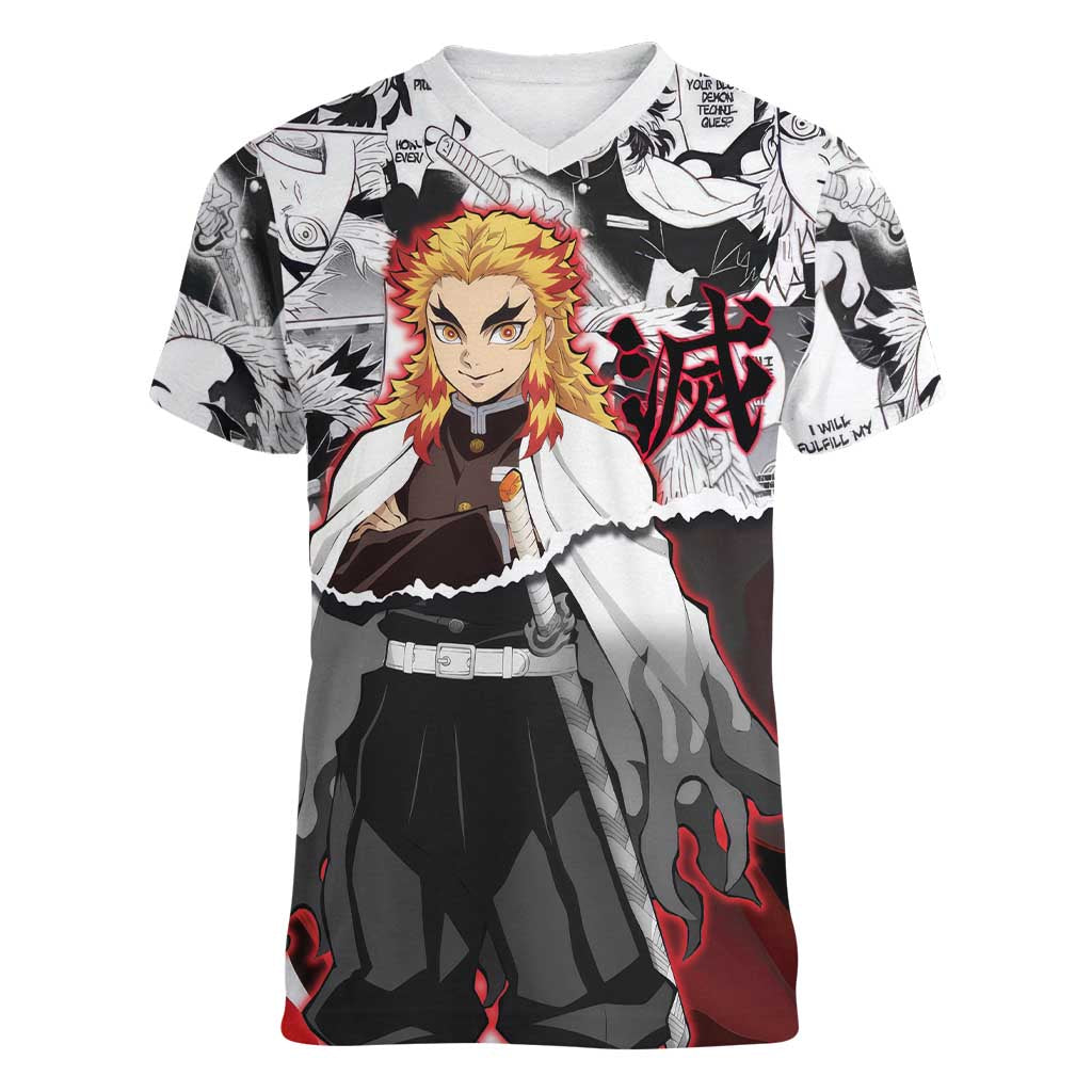Kyojuro Rengoku Demon Slayer Flame Hashira Design Women V-Neck T-Shirt with Manga Panels and Fiery Sword Artwork - The Mazicc