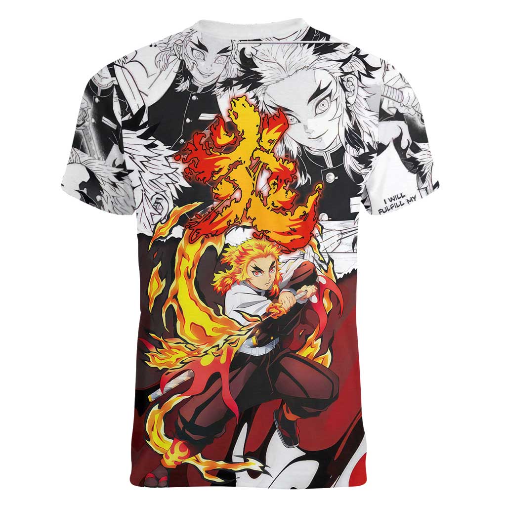 Kyojuro Rengoku Demon Slayer Flame Hashira Design Women V-Neck T-Shirt with Manga Panels and Fiery Sword Artwork - The Mazicc