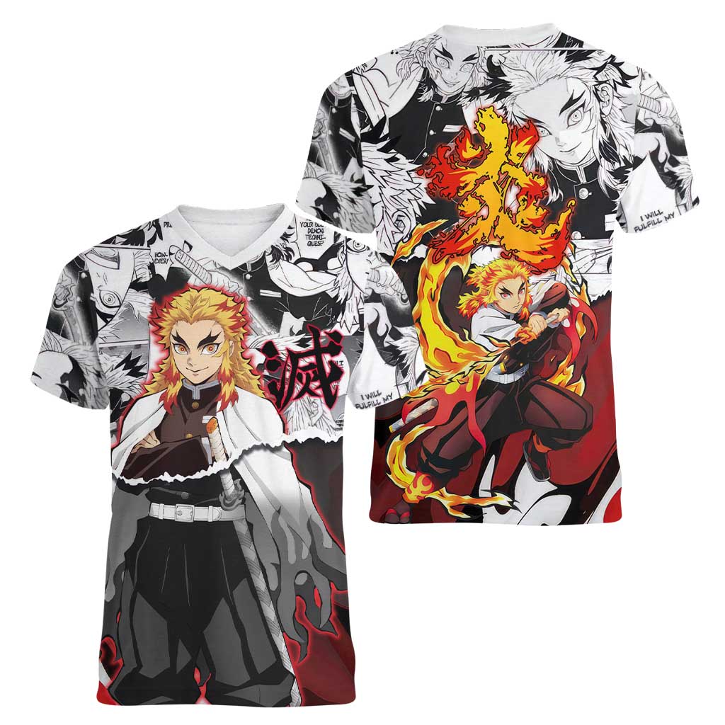 Kyojuro Rengoku Demon Slayer Flame Hashira Design Women V-Neck T-Shirt with Manga Panels and Fiery Sword Artwork - The Mazicc
