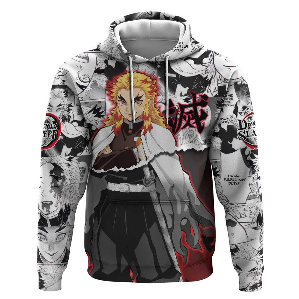 Kyojuro Rengoku Demon Slayer Flame Hashira Design Zip Hoodie with Manga Panels and Fiery Sword Artwork - The Mazicc