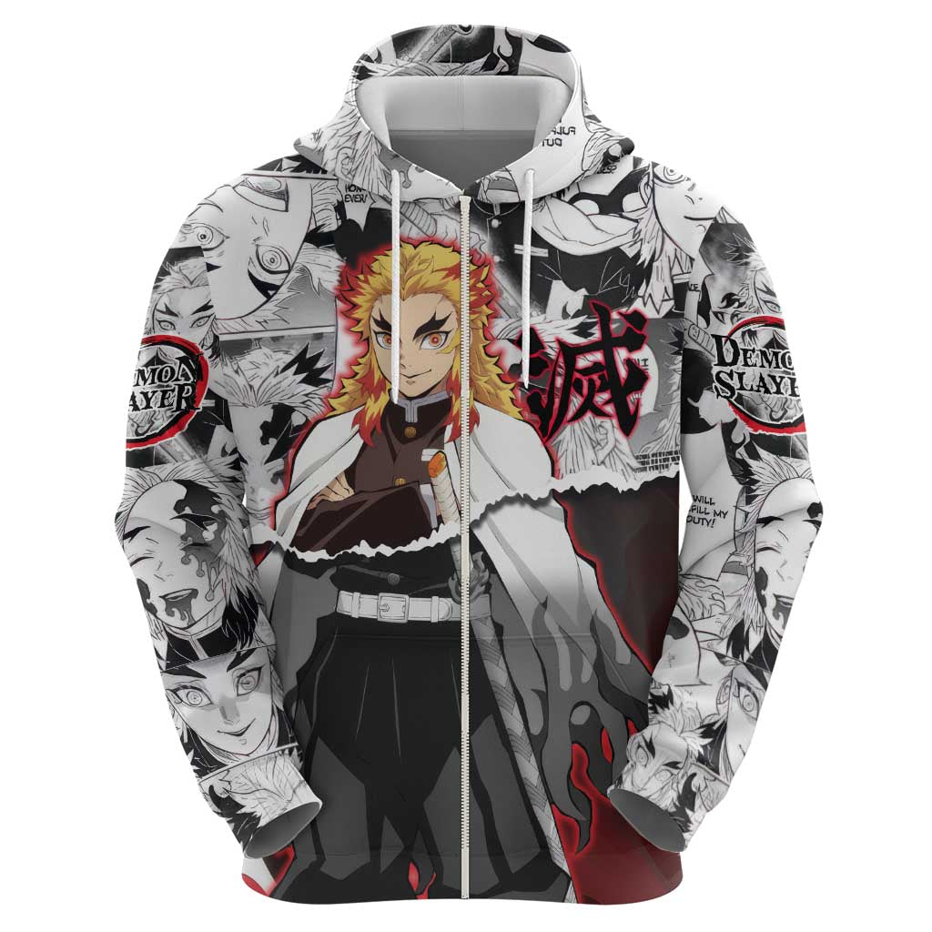 Kyojuro Rengoku Demon Slayer Flame Hashira Design Zip Hoodie with Manga Panels and Fiery Sword Artwork - The Mazicc