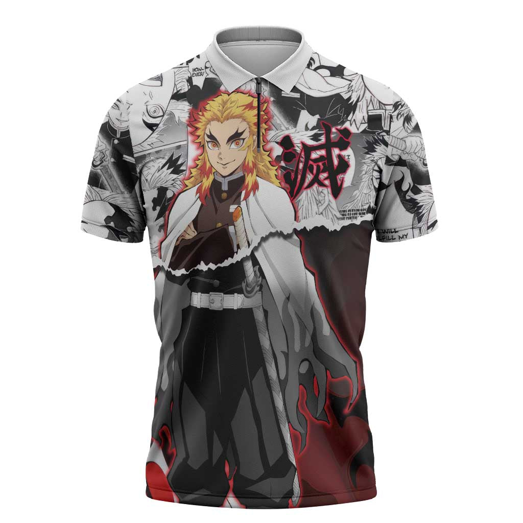 Kyojuro Rengoku Demon Slayer Flame Hashira Design Zipper Polo Shirt with Manga Panels and Fiery Sword Artwork - The Mazicc