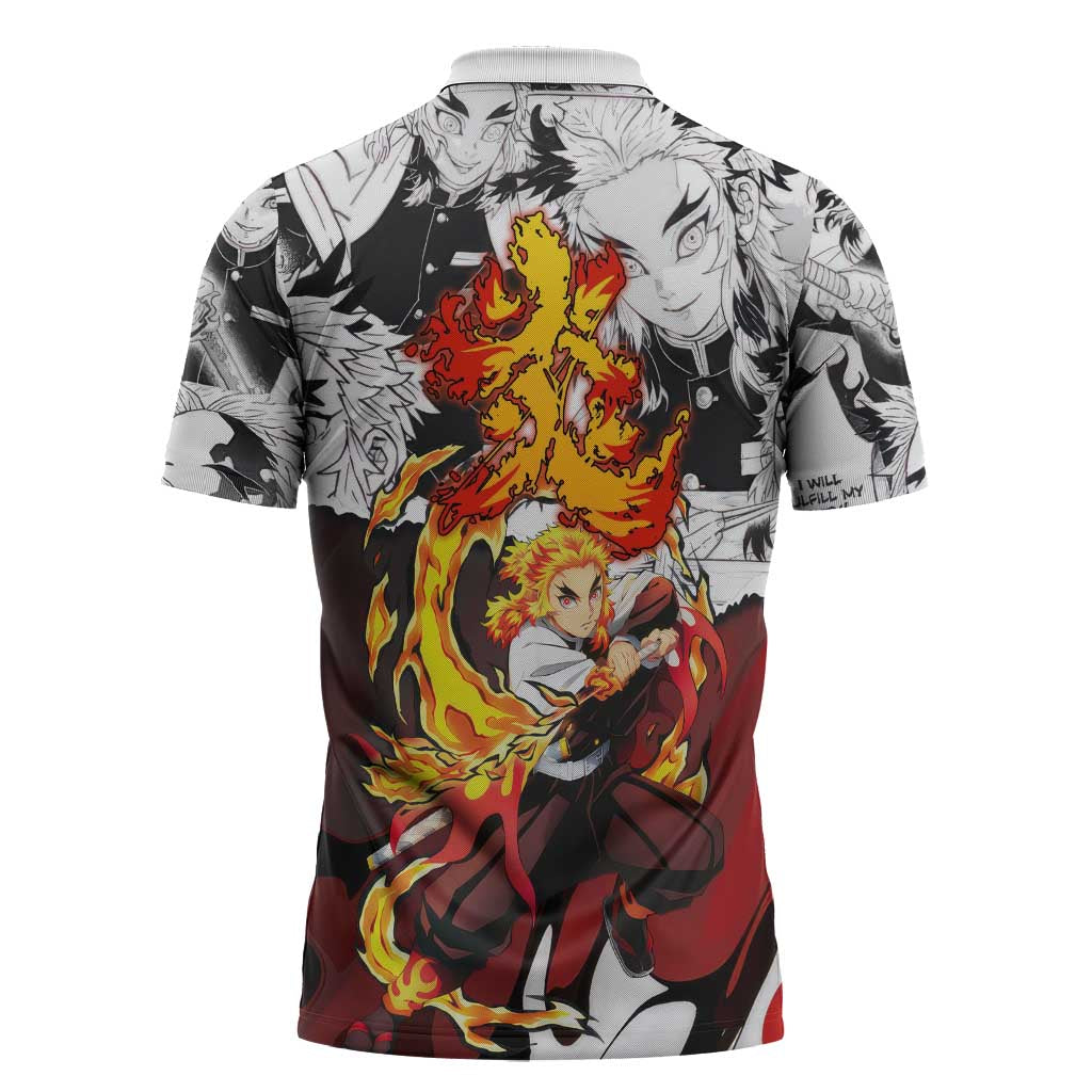 Kyojuro Rengoku Demon Slayer Flame Hashira Design Zipper Polo Shirt with Manga Panels and Fiery Sword Artwork - The Mazicc