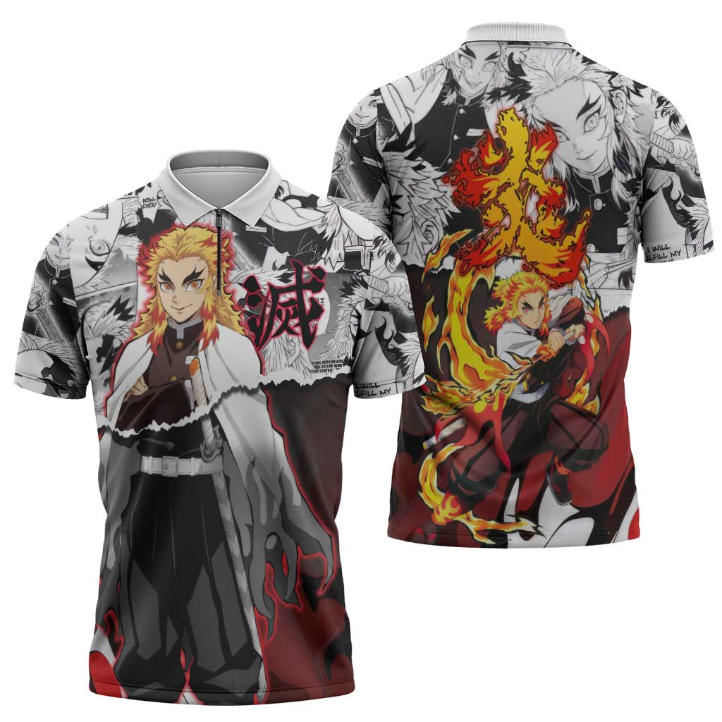 Kyojuro Rengoku Demon Slayer Flame Hashira Design Zipper Polo Shirt with Manga Panels and Fiery Sword Artwork - The Mazicc
