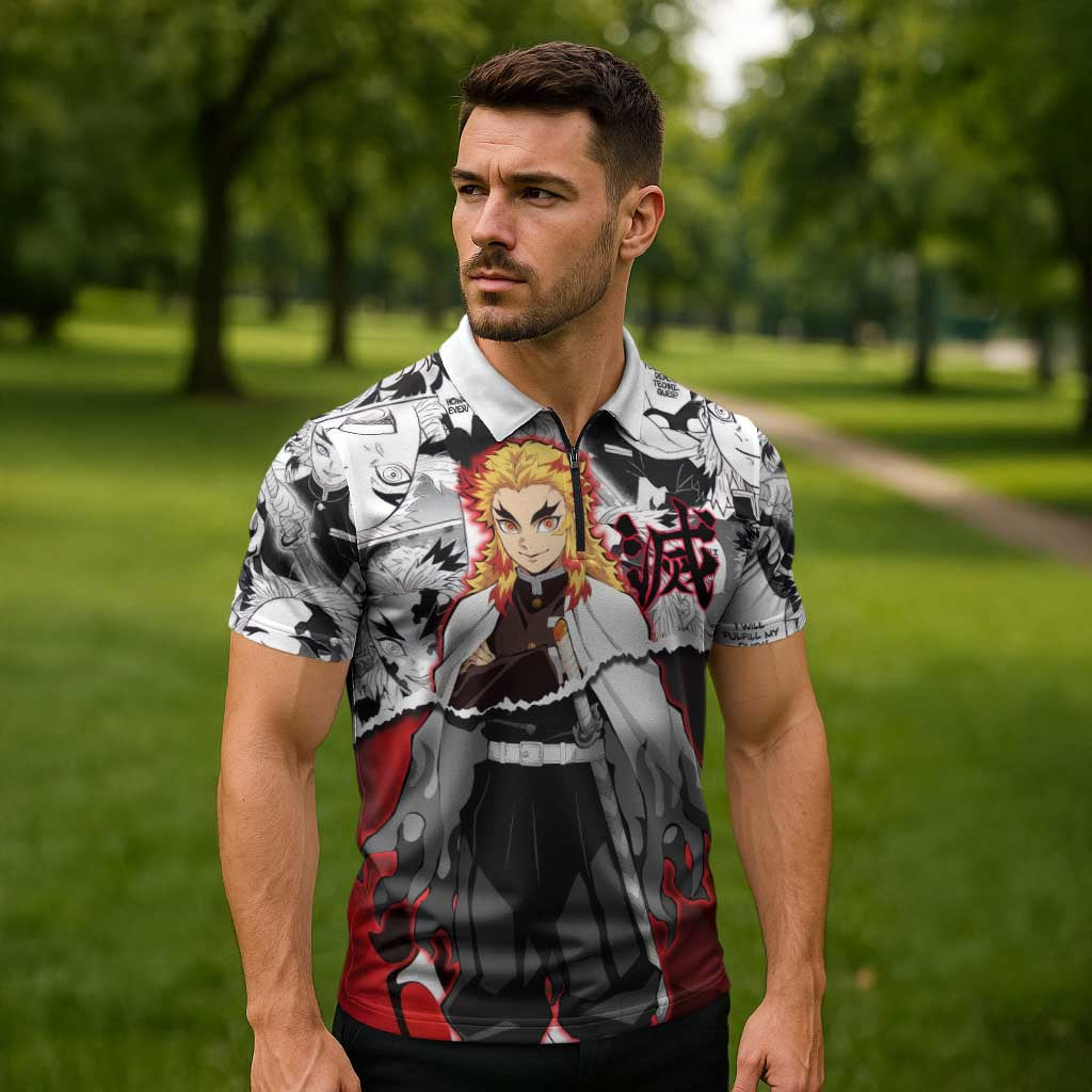 Kyojuro Rengoku Demon Slayer Flame Hashira Design Zipper Polo Shirt with Manga Panels and Fiery Sword Artwork - The Mazicc