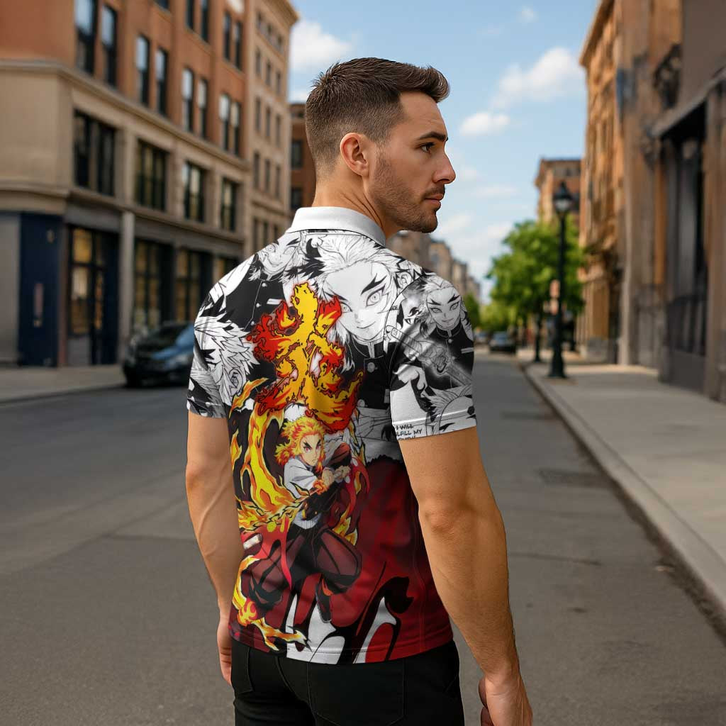 Kyojuro Rengoku Demon Slayer Flame Hashira Design Zipper Polo Shirt with Manga Panels and Fiery Sword Artwork - The Mazicc