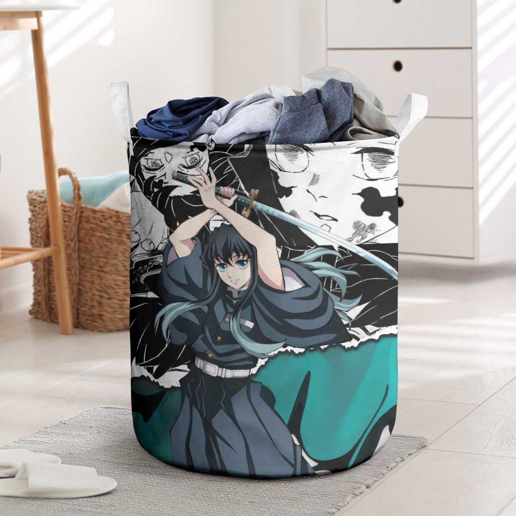 Muichiro Tokito Demon Slayer Mist Hashira Design Laundry Basket with Manga Panels and Teal Sword Art - The Mazicc