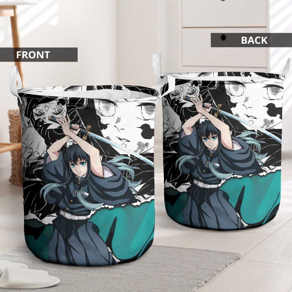 Muichiro Tokito Demon Slayer Mist Hashira Design Laundry Basket with Manga Panels and Teal Sword Art - The Mazicc