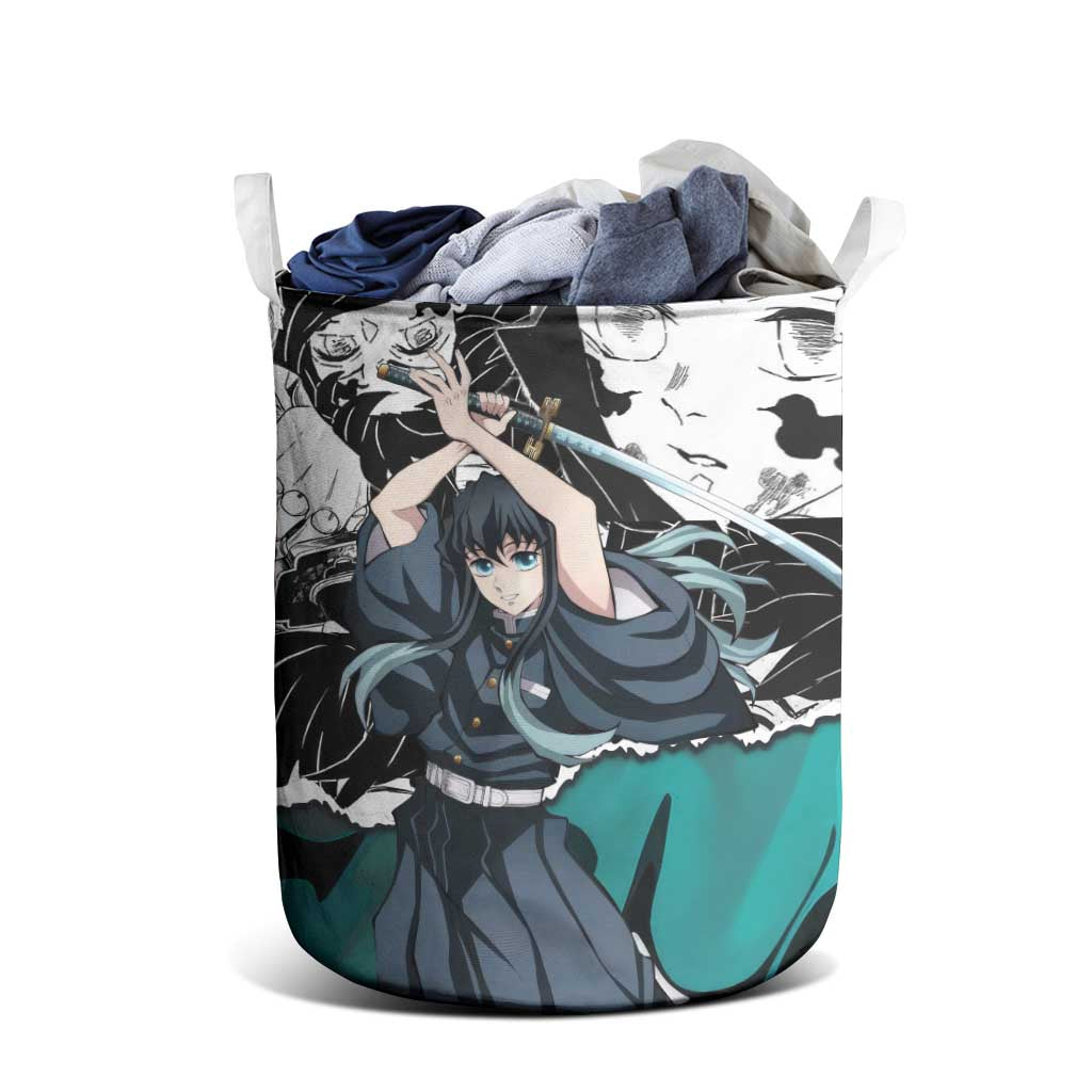 Muichiro Tokito Demon Slayer Mist Hashira Design Laundry Basket with Manga Panels and Teal Sword Art - The Mazicc