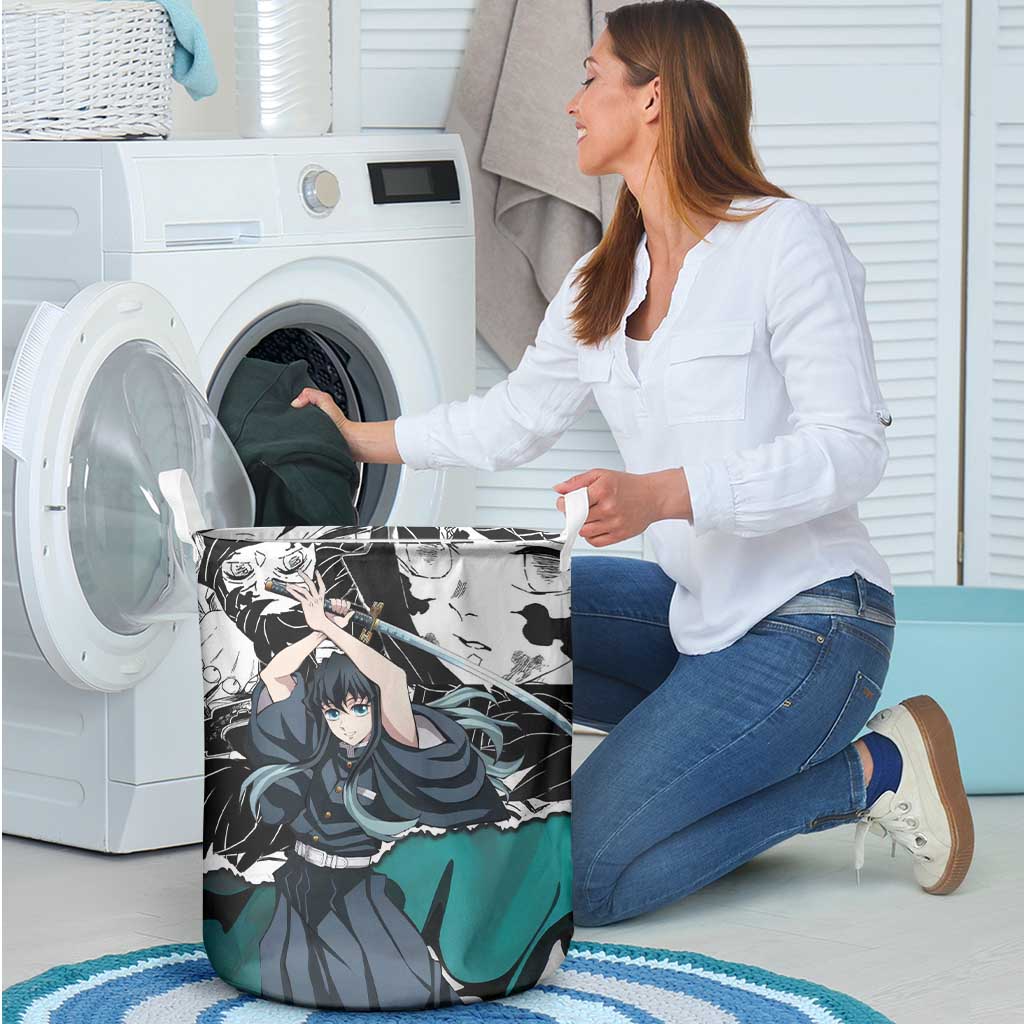 Muichiro Tokito Demon Slayer Mist Hashira Design Laundry Basket with Manga Panels and Teal Sword Art - The Mazicc