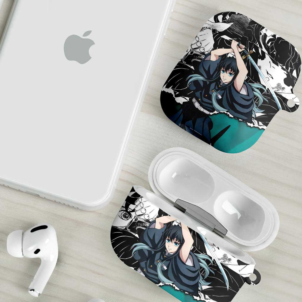 Muichiro Tokito Demon Slayer Mist Hashira Design AirPods Case with Manga Panels and Teal Sword Art - The Mazicc