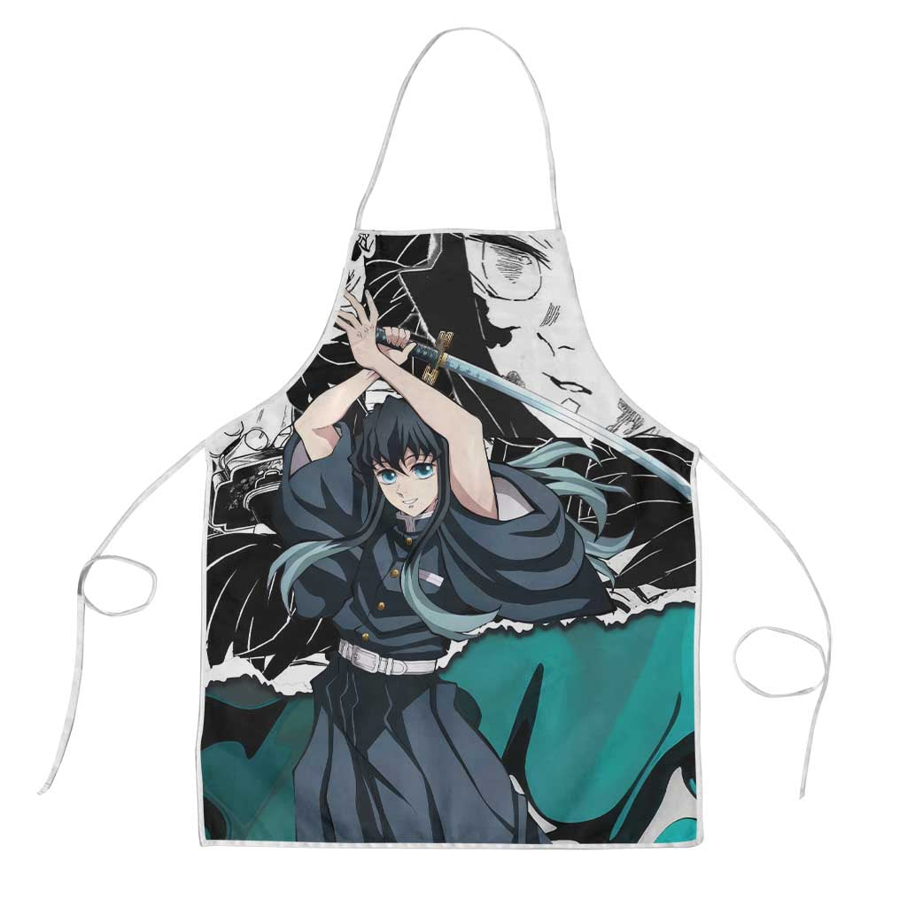 Muichiro Tokito Demon Slayer Mist Hashira Design Apron with Manga Panels and Teal Sword Art - The Mazicc