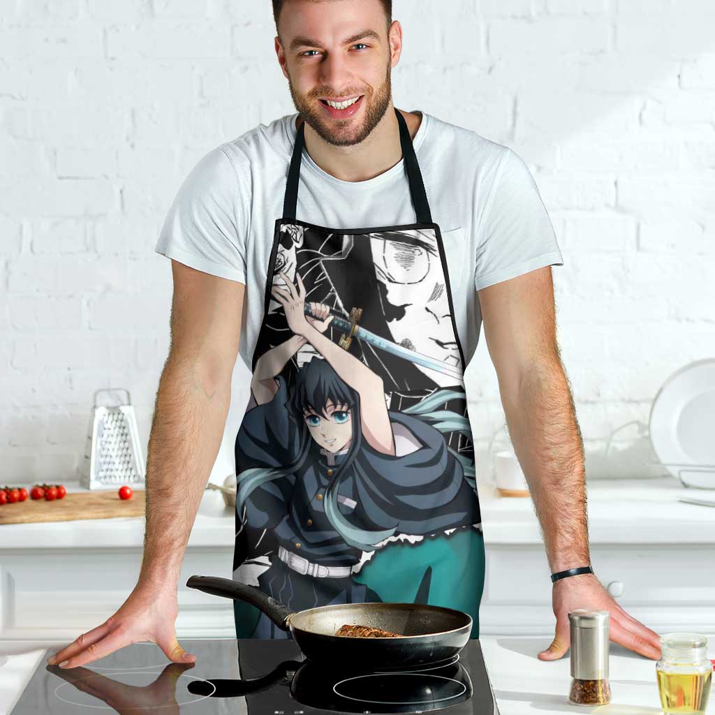 Muichiro Tokito Demon Slayer Mist Hashira Design Apron with Manga Panels and Teal Sword Art - The Mazicc