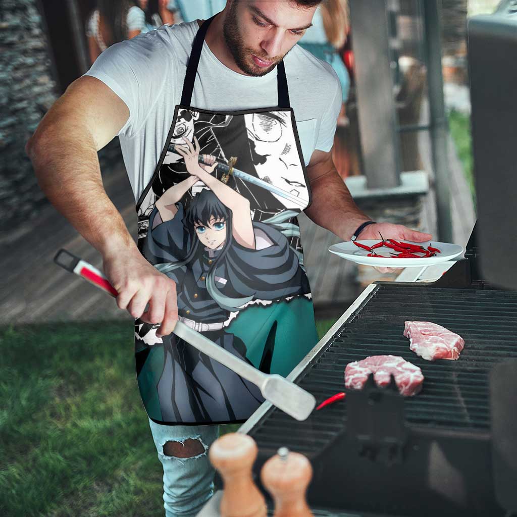 Muichiro Tokito Demon Slayer Mist Hashira Design Apron with Manga Panels and Teal Sword Art - The Mazicc