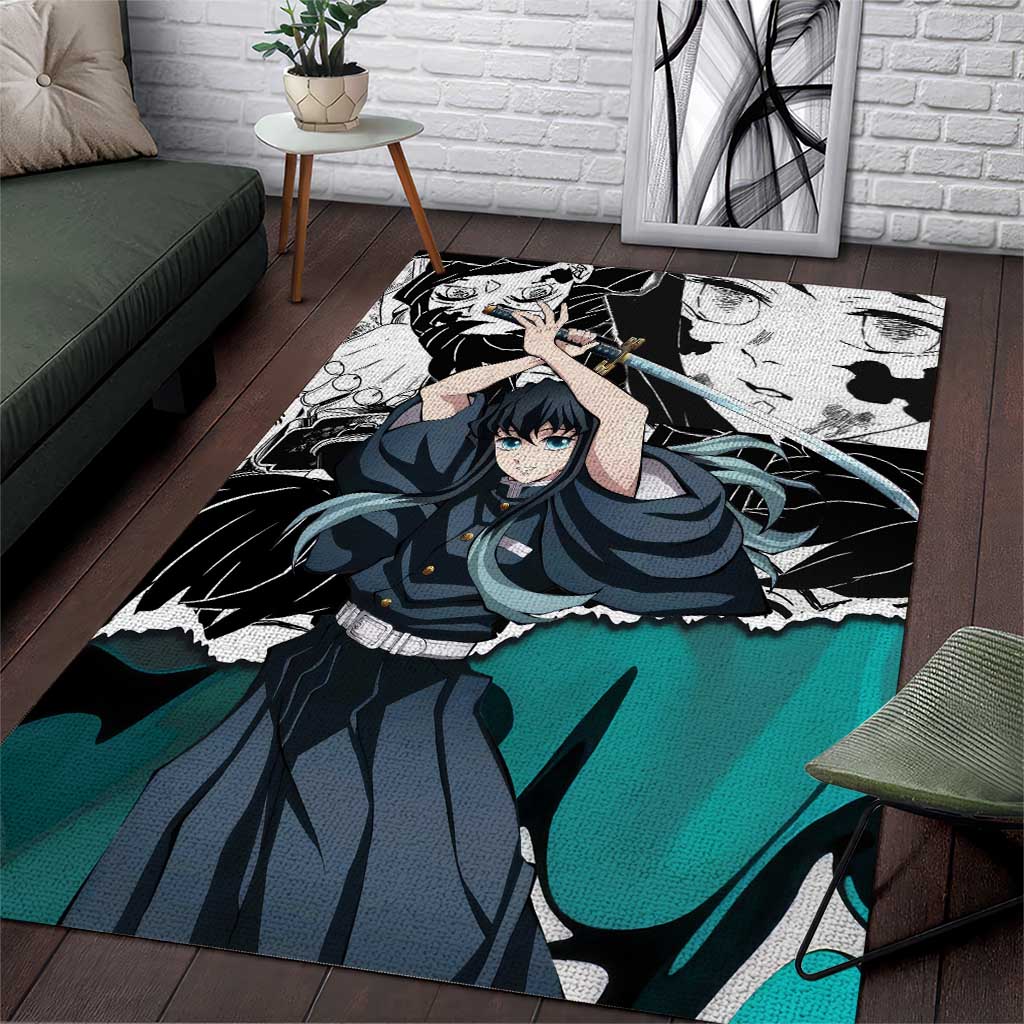 Muichiro Tokito Demon Slayer Mist Hashira Design Area Rug with Manga Panels and Teal Sword Art - The Mazicc