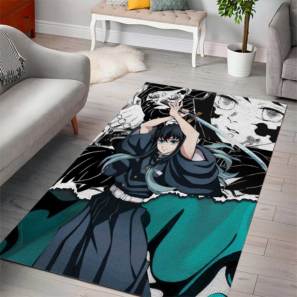 Muichiro Tokito Demon Slayer Mist Hashira Design Area Rug with Manga Panels and Teal Sword Art - The Mazicc