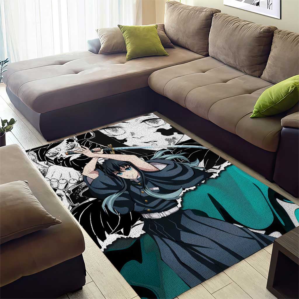 Muichiro Tokito Demon Slayer Mist Hashira Design Area Rug with Manga Panels and Teal Sword Art - The Mazicc