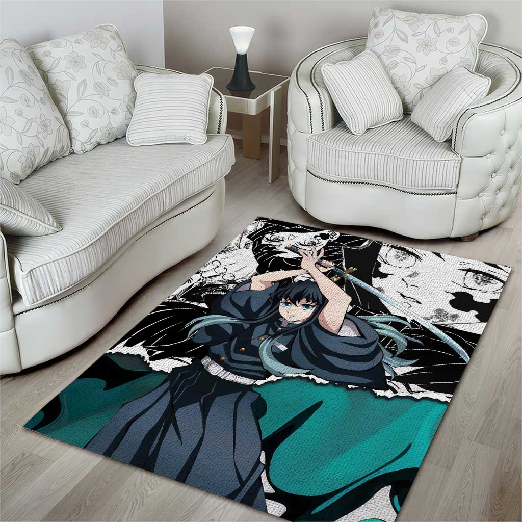 Muichiro Tokito Demon Slayer Mist Hashira Design Area Rug with Manga Panels and Teal Sword Art - The Mazicc