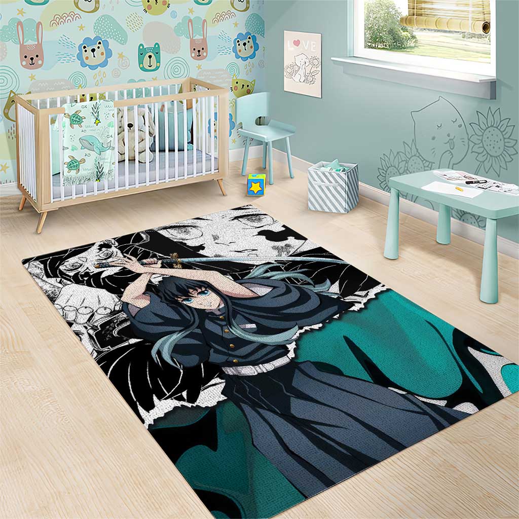 Muichiro Tokito Demon Slayer Mist Hashira Design Area Rug with Manga Panels and Teal Sword Art - The Mazicc