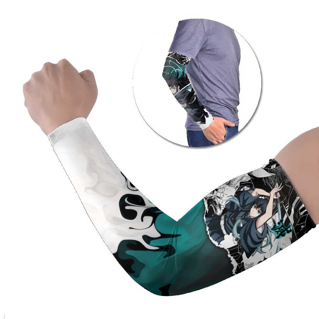 Muichiro Tokito Demon Slayer Mist Hashira Design Arm Sleeves with Manga Panels and Teal Sword Art - The Mazicc