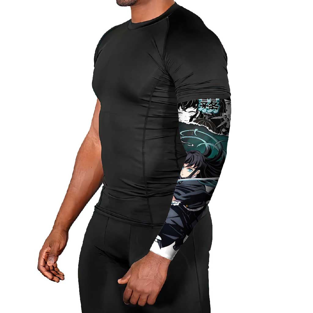 Muichiro Tokito Demon Slayer Mist Hashira Design Arm Sleeves with Manga Panels and Teal Sword Art - The Mazicc