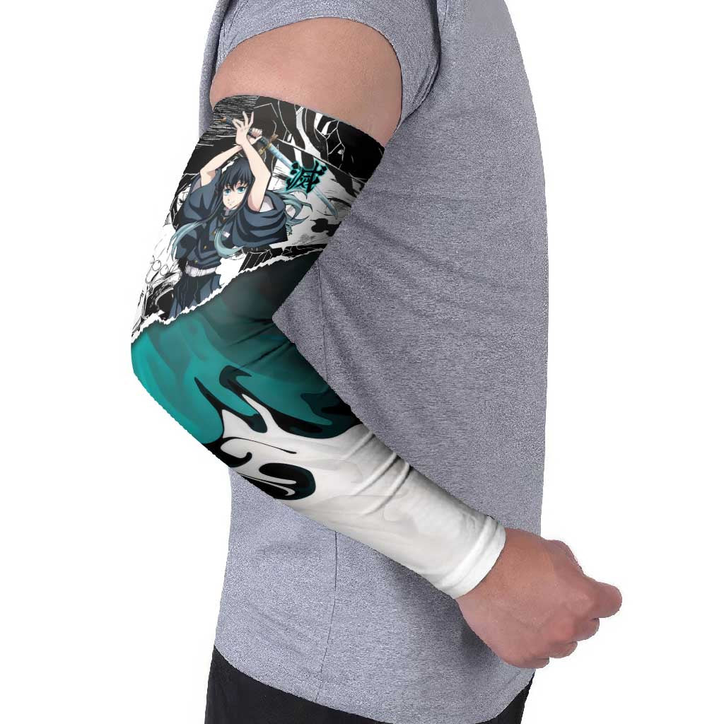 Muichiro Tokito Demon Slayer Mist Hashira Design Arm Sleeves with Manga Panels and Teal Sword Art - The Mazicc