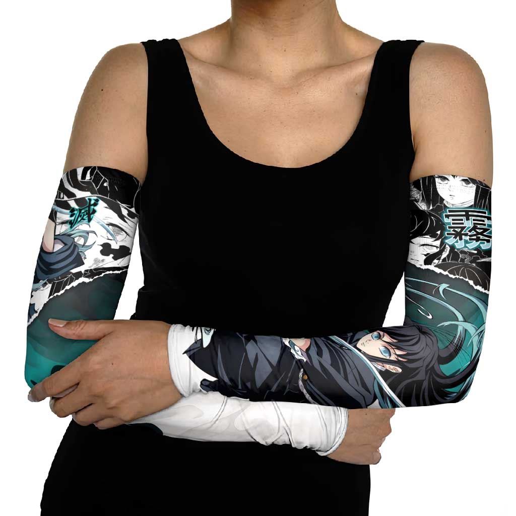 Muichiro Tokito Demon Slayer Mist Hashira Design Arm Sleeves with Manga Panels and Teal Sword Art - The Mazicc