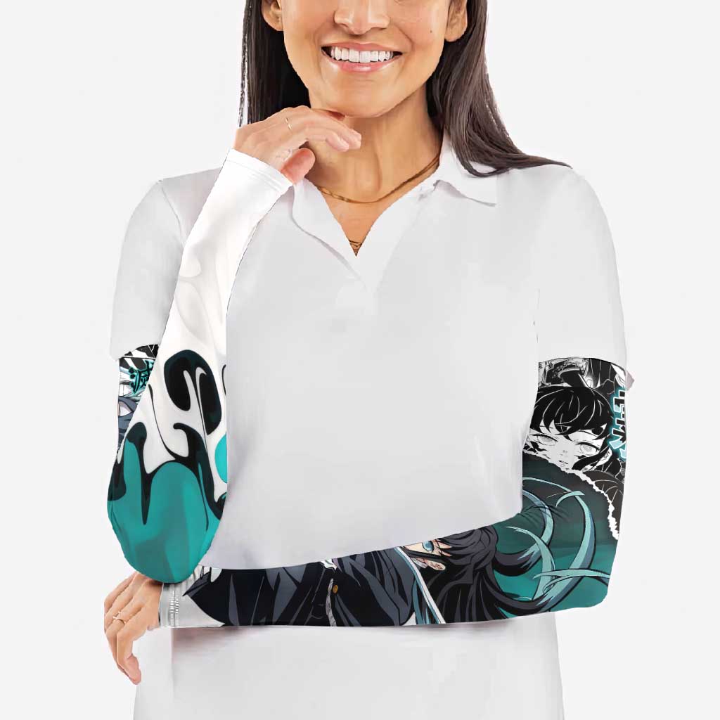 Muichiro Tokito Demon Slayer Mist Hashira Design Arm Sleeves with Manga Panels and Teal Sword Art - The Mazicc