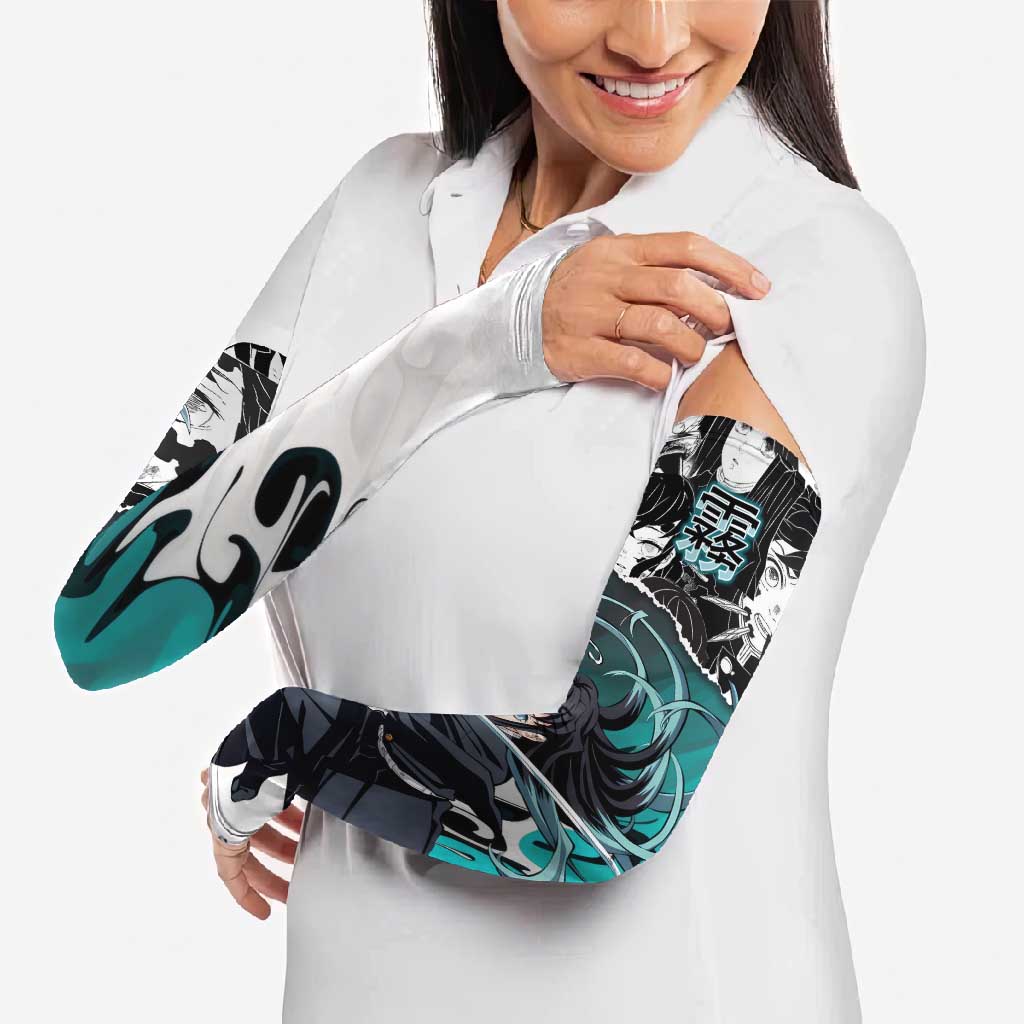 Muichiro Tokito Demon Slayer Mist Hashira Design Arm Sleeves with Manga Panels and Teal Sword Art - The Mazicc