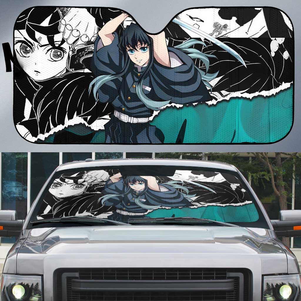 Muichiro Tokito Demon Slayer Mist Hashira Design Auto Sun Shade with Manga Panels and Teal Sword Art - The Mazicc