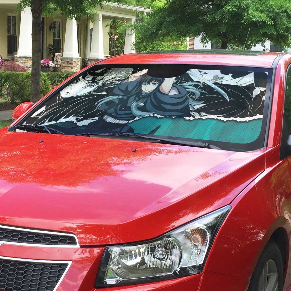 Muichiro Tokito Demon Slayer Mist Hashira Design Auto Sun Shade with Manga Panels and Teal Sword Art - The Mazicc