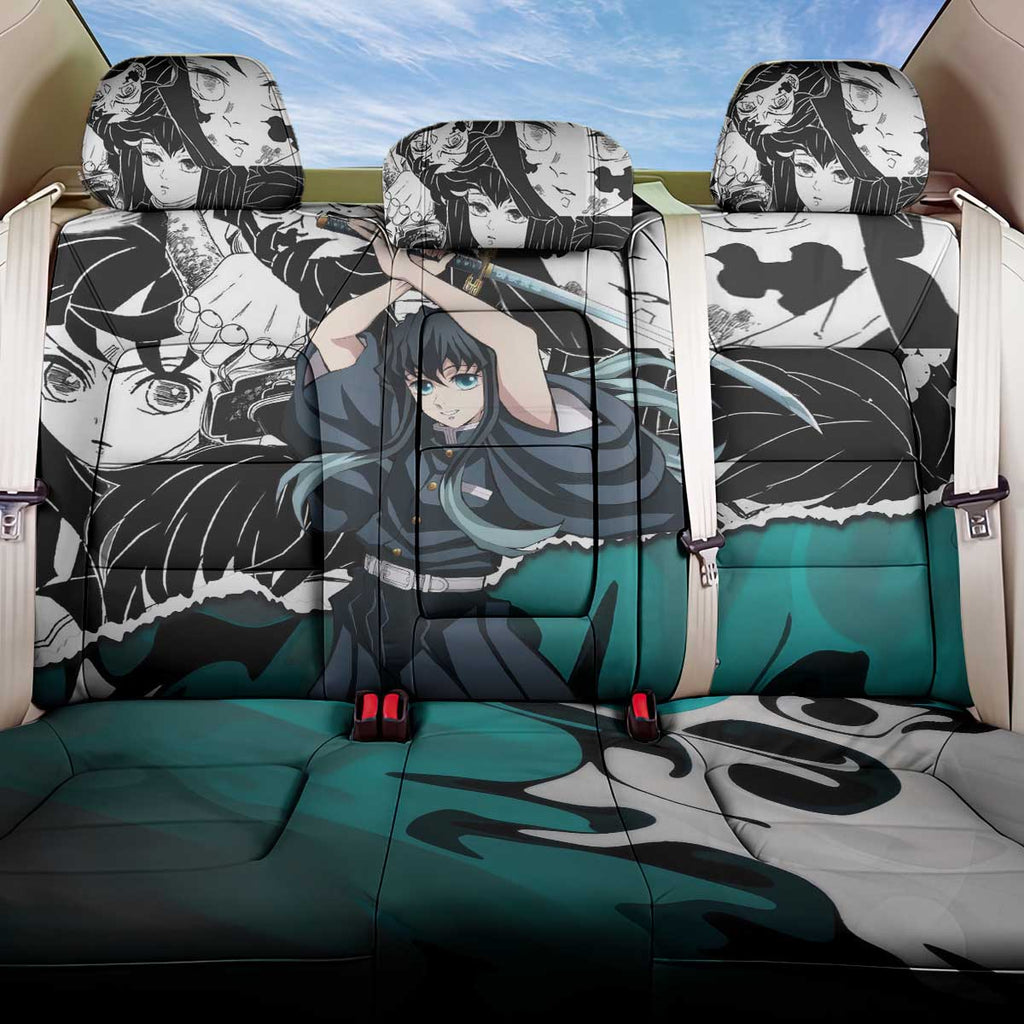 Muichiro Tokito Demon Slayer Mist Hashira Design Back Car Seat Cover with Manga Panels and Teal Sword Art - The Mazicc