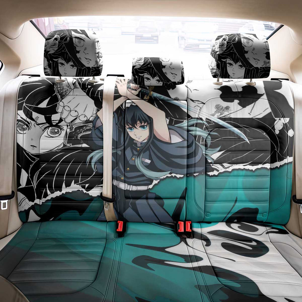 Muichiro Tokito Demon Slayer Mist Hashira Design Back Car Seat Cover with Manga Panels and Teal Sword Art - The Mazicc
