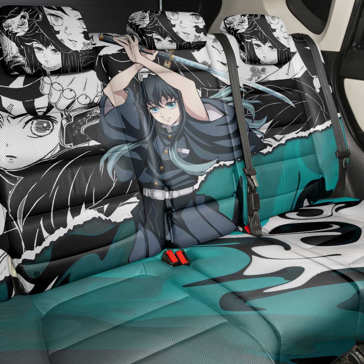 Muichiro Tokito Demon Slayer Mist Hashira Design Back Car Seat Cover with Manga Panels and Teal Sword Art - The Mazicc