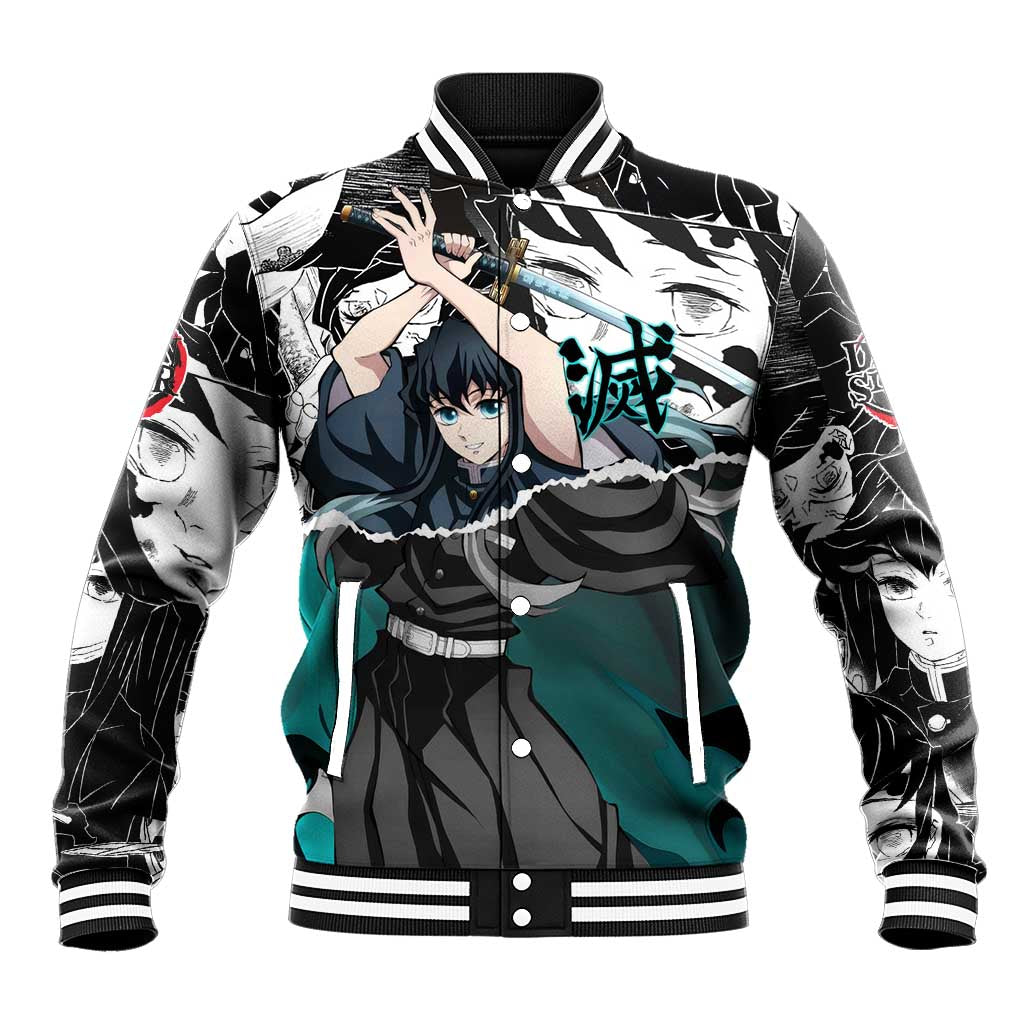 Muichiro Tokito Demon Slayer Mist Hashira Design Baseball Jacket with Manga Panels and Teal Sword Art - The Mazicc