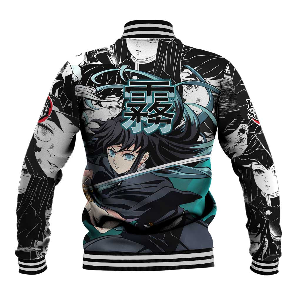 Muichiro Tokito Demon Slayer Mist Hashira Design Baseball Jacket with Manga Panels and Teal Sword Art - The Mazicc
