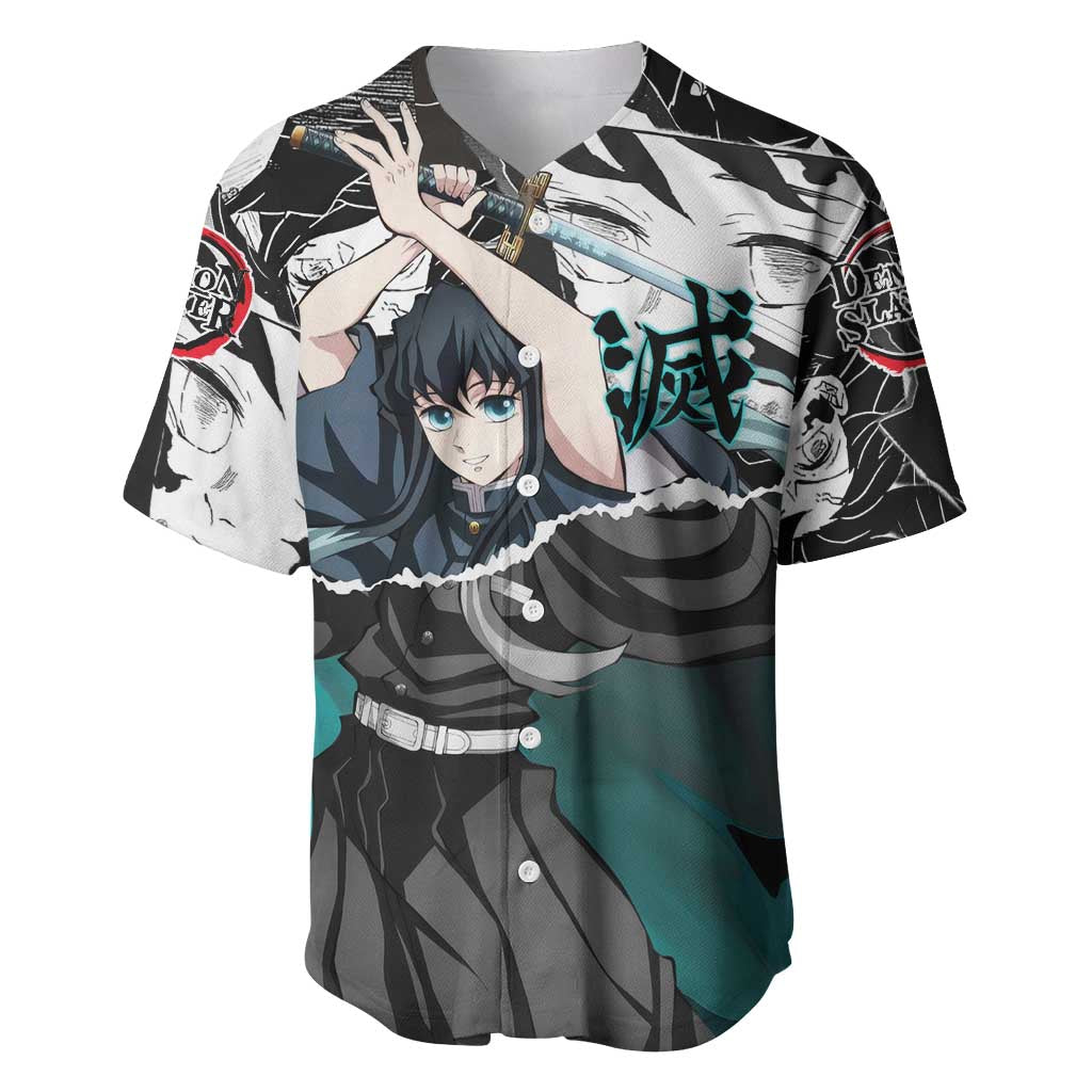 Muichiro Tokito Demon Slayer Mist Hashira Design Baseball Jersey with Manga Panels and Teal Sword Art - The Mazicc